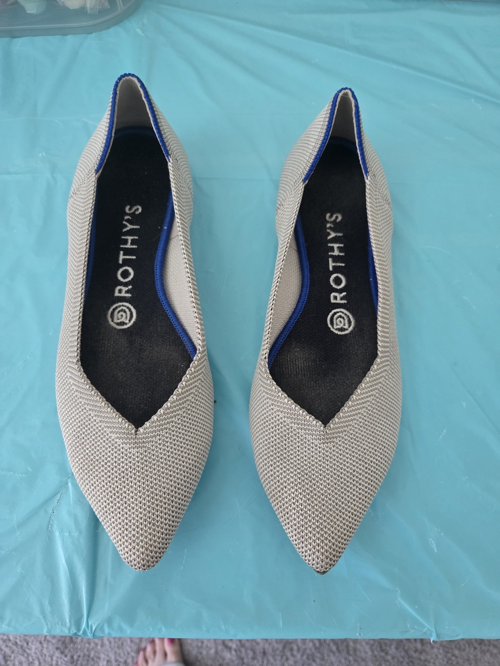 Rothy's Pointed Knit Ballet Flats in Light Beige with Blue Trim